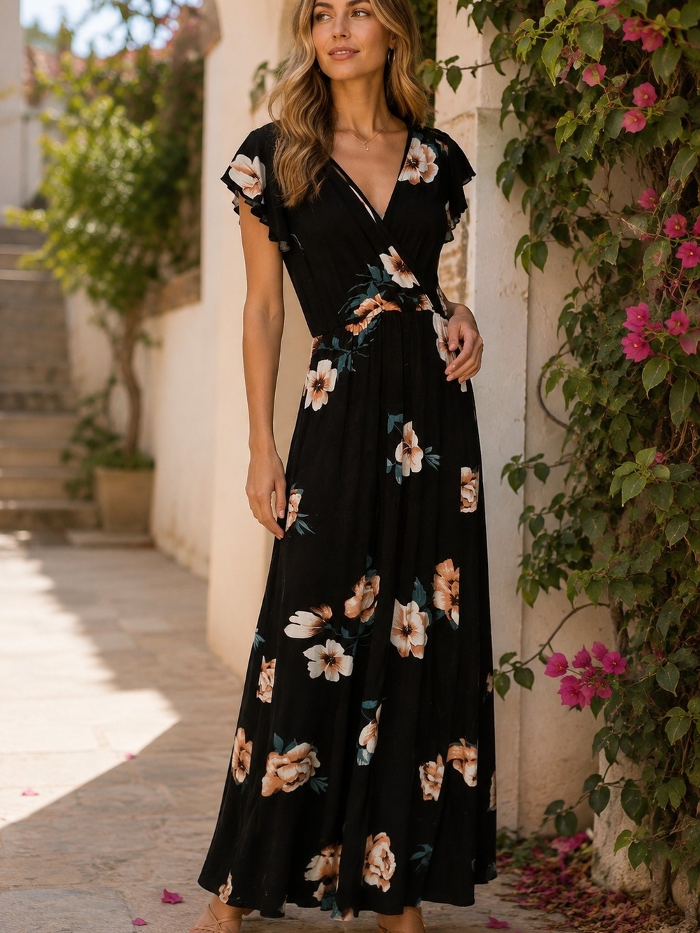 Loveappella Womens S Black Floral Maxi Dress Wrap V Neck Flutter Sleeve Boho